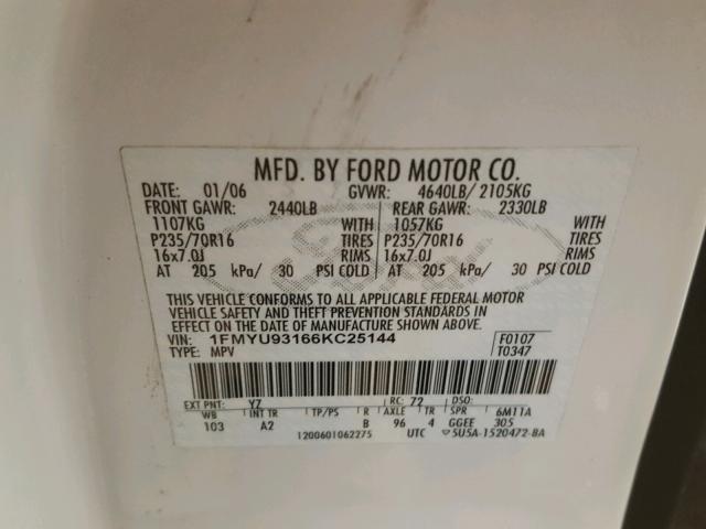 1FMYU93166KC25144 - 2006 FORD ESCAPE XLT WHITE photo 10