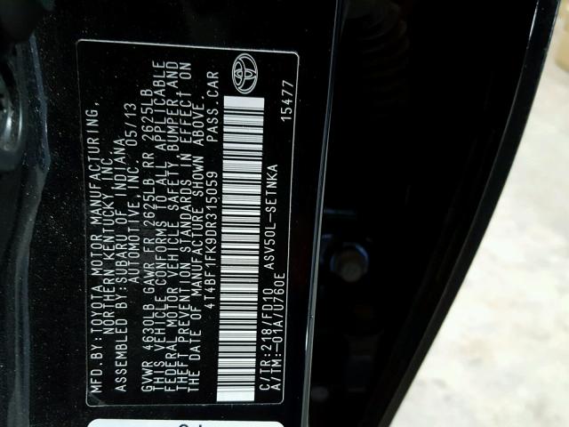 4T4BF1FK9DR315059 - 2013 TOYOTA CAMRY L BLACK photo 10