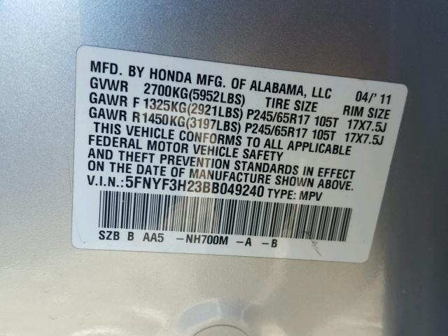 5FNYF3H23BB049240 - 2011 HONDA PILOT LX SILVER photo 10