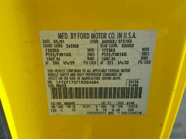 1FTZF17271KB84684 - 2001 FORD F150 YELLOW photo 10