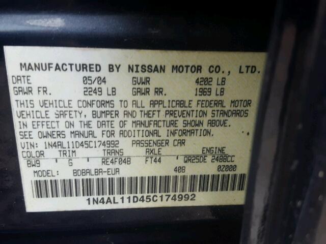 1N4AL11D45C174992 - 2005 NISSAN ALTIMA S BLUE photo 10