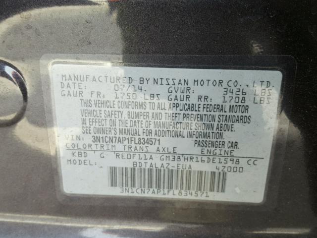 3N1CN7AP1FL834571 - 2015 NISSAN VERSA S GRAY photo 10