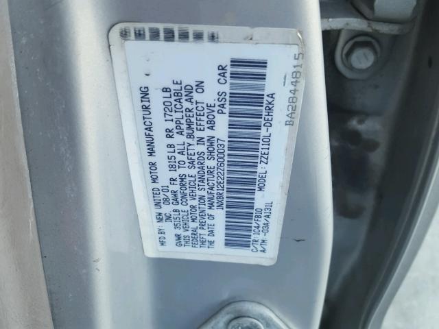 1NXBR12E22Z600037 - 2002 TOYOTA COROLLA CE SILVER photo 10