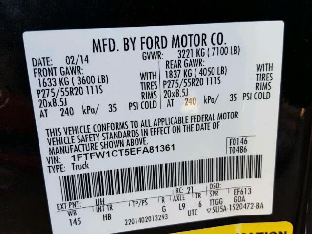 1FTFW1CT5EFA81361 - 2014 FORD F150 SUPER BLACK photo 10