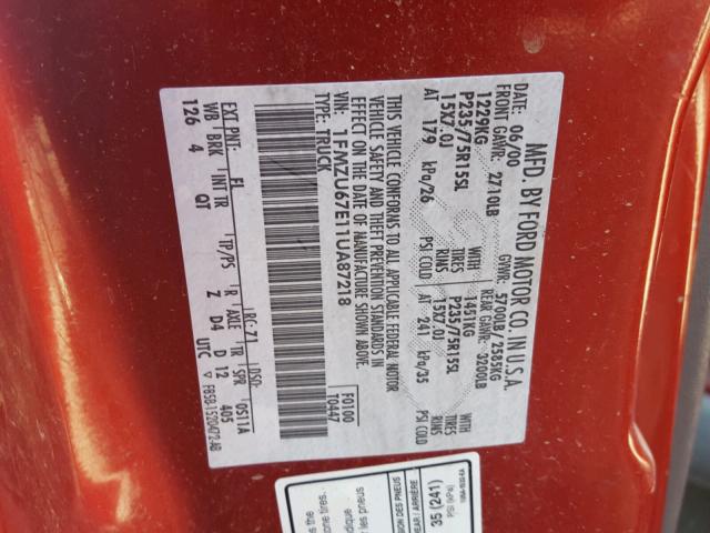 1FMZU67E11UA87218 - 2001 FORD EXPLORER S RED photo 10