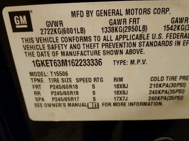 1GKET63M162233336 - 2006 GMC ENVOY DENA BLACK photo 10