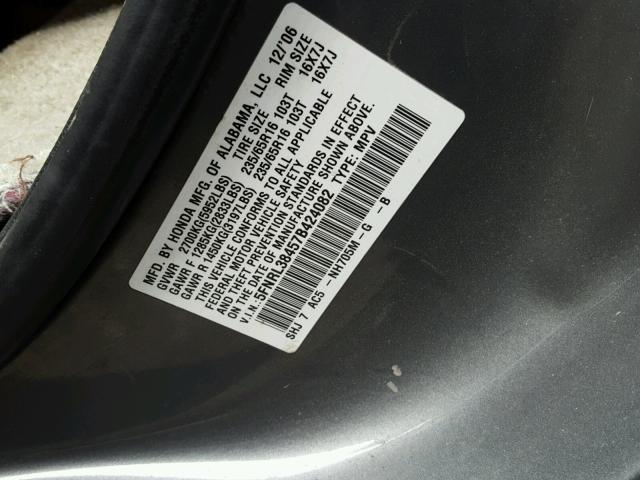 5FNRL38457B424082 - 2007 HONDA ODYSSEY EX GRAY photo 10