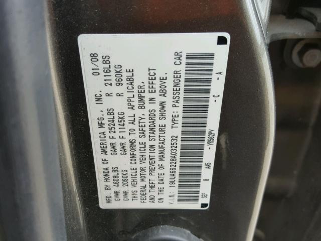 19UUA66228A032532 - 2008 ACURA TL GRAY photo 10