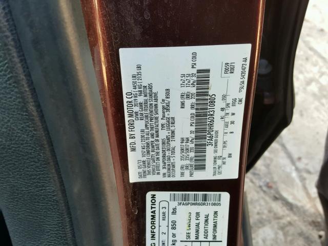 3FA6P0HR6DR310805 - 2013 FORD FUSION SE MAROON photo 10