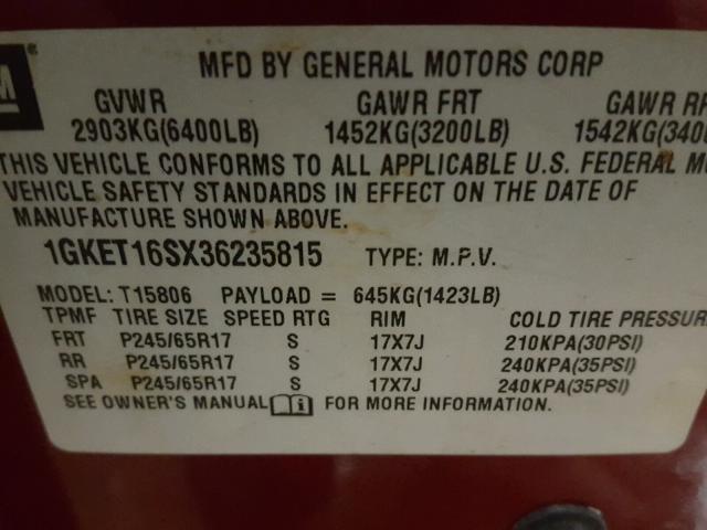 1GKET16SX36235815 - 2003 GMC ENVOY XL RED photo 10