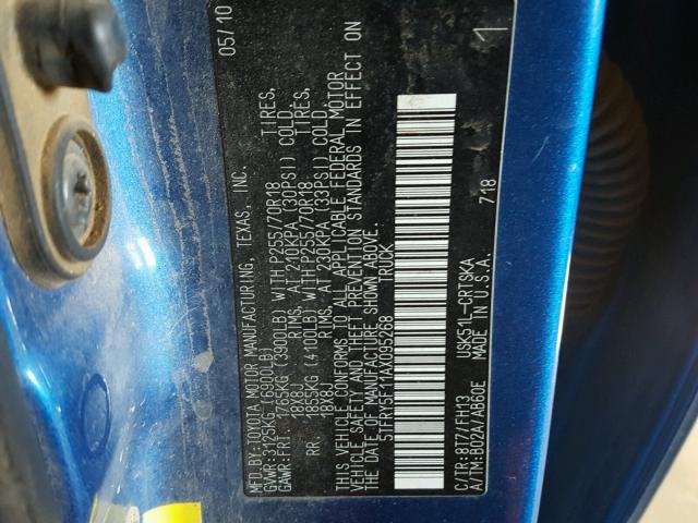 5TFRY5F11AX095268 - 2010 TOYOTA TUNDRA DOU BLUE photo 10