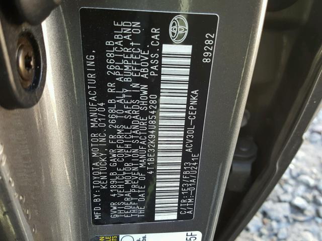 4T1BE32K94U854280 - 2004 TOYOTA CAMRY LE GRAY photo 10