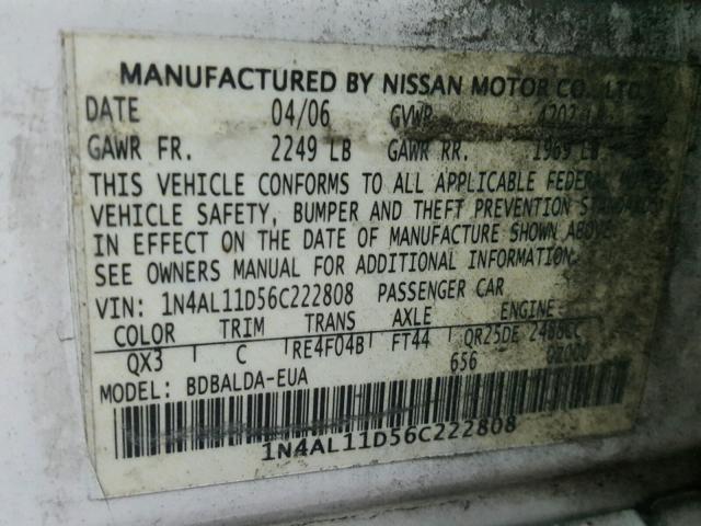 1N4AL11D56C222808 - 2006 NISSAN ALTIMA S WHITE photo 10