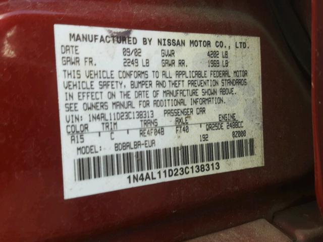 1N4AL11D23C138313 - 2003 NISSAN ALTIMA BAS RED photo 10