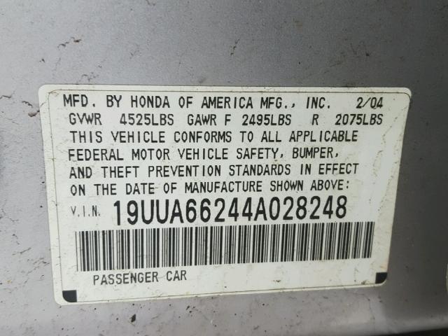 19UUA66244A028248 - 2004 ACURA TL SILVER photo 10