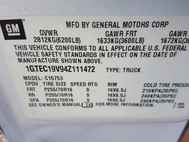 1GTEC19V94Z111472 - 2004 GMC NEW SIERRA WHITE photo 10