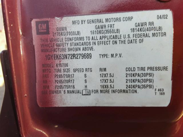 1GYEC63T62R103700 - 2002 CADILLAC ESCALADE L BURGUNDY photo 10