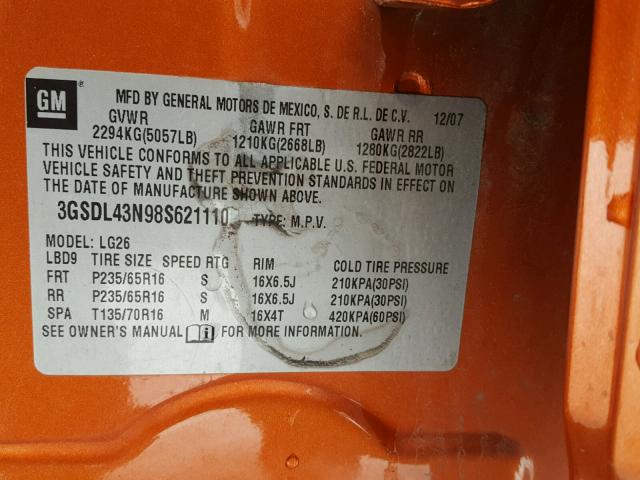 3GSDL43N98S621110 - 2008 SATURN VUE XE ORANGE photo 10