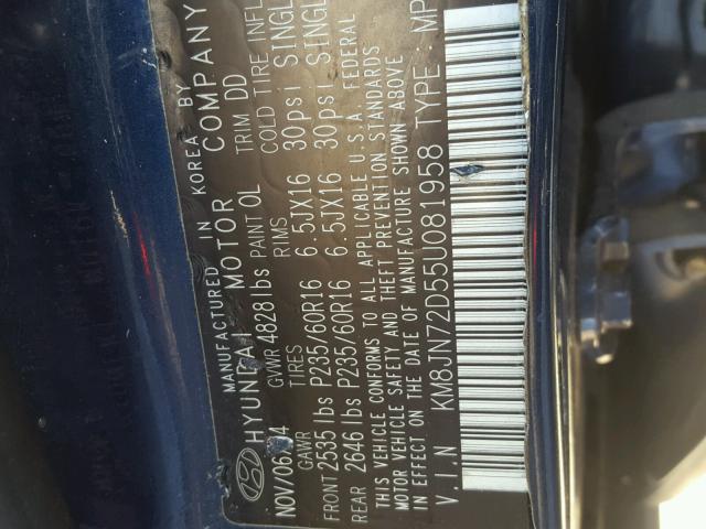 KM8JN72D55U081958 - 2005 HYUNDAI TUCSON GLS BLUE photo 10