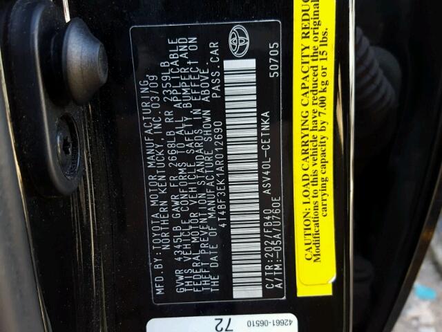 4T4BF3EK1AR012690 - 2010 TOYOTA CAMRY BASE BLACK photo 10