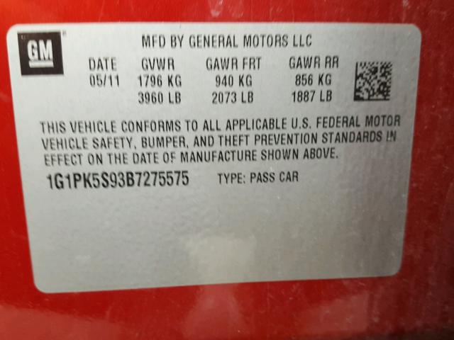 1G1PK5S93B7275575 - 2011 CHEVROLET CRUZE ECO RED photo 10