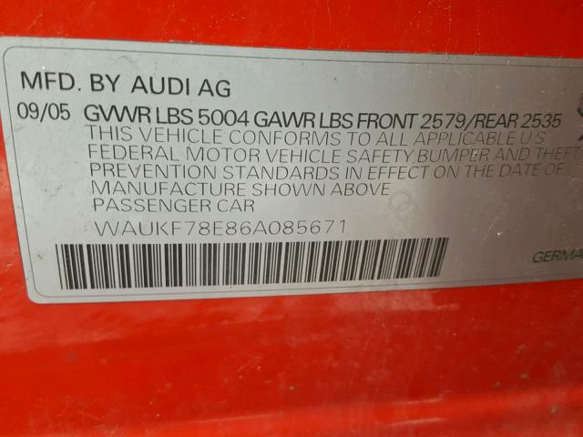 WAUKF78E86A085671 - 2006 AUDI A4 2.0T AV RED photo 10