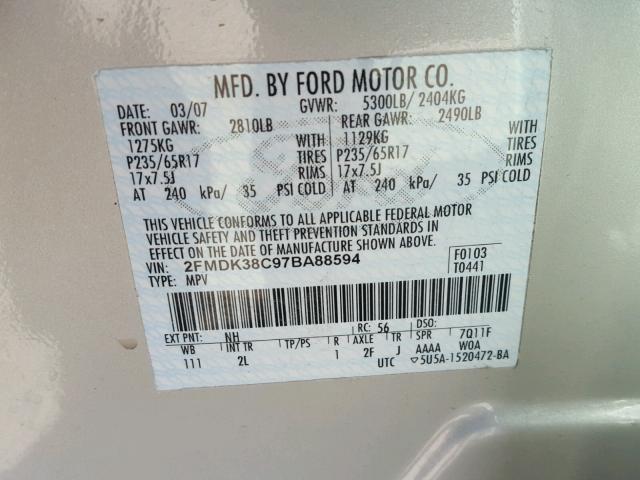 2FMDK38C97BA88594 - 2007 FORD EDGE SEL CREAM photo 10