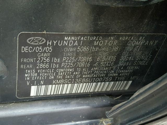 KM8SC13E86U100759 - 2006 HYUNDAI SANTA FE G GREEN photo 10