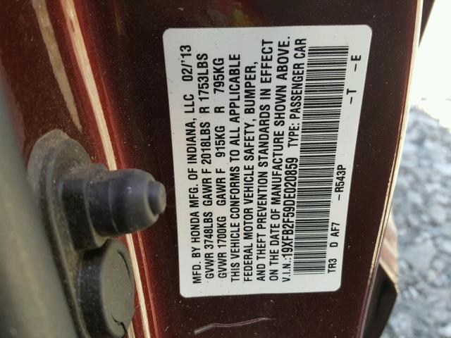 19XFB2F59DE020859 - 2013 HONDA CIVIC LX MAROON photo 10