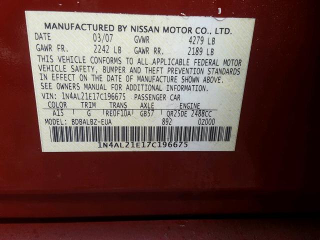 1N4AL21E17C196675 - 2007 NISSAN ALTIMA 2.5 RED photo 10