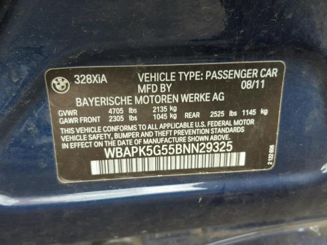 WBAPK5G55BNN29325 - 2011 BMW 328 XI SUL BLUE photo 10