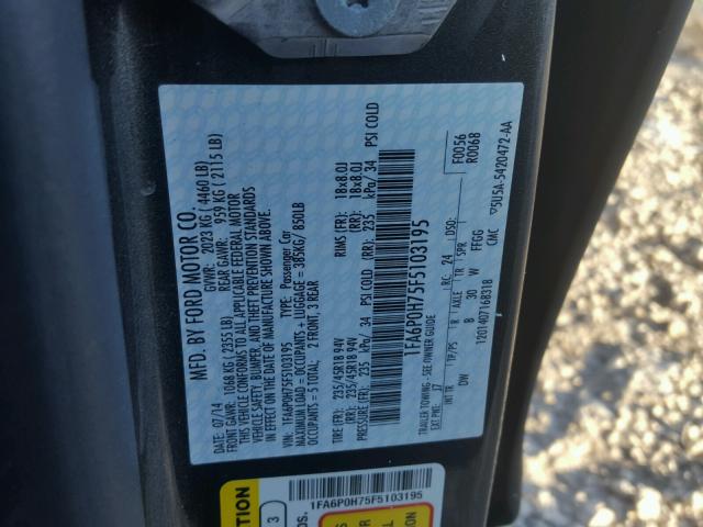 1FA6P0H75F5103195 - 2015 FORD FUSION SE GRAY photo 10