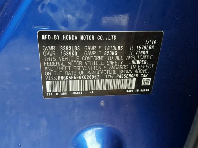 JHMGK5H59GX026957 - 2016 HONDA FIT LX Mavi fotoğraf 10