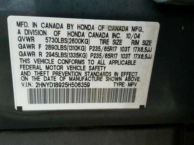 2HNYD18925H506359 - 2005 ACURA MDX TOURIN GRAY photo 10