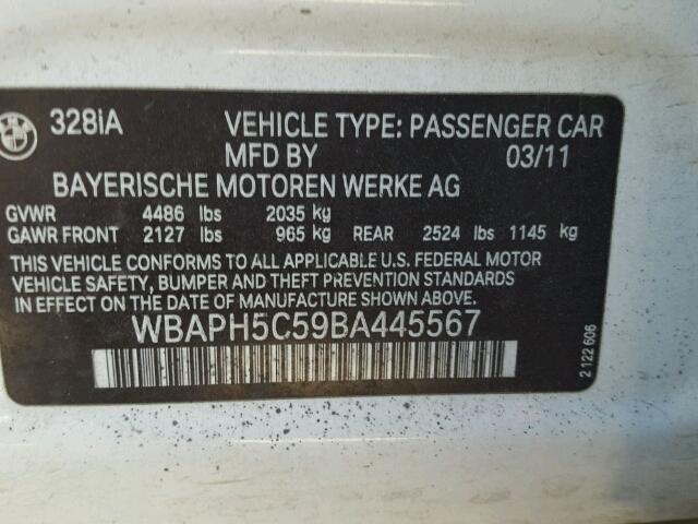 WBAPH5C59BA445567 - 2011 BMW 328 I SULE WHITE photo 10