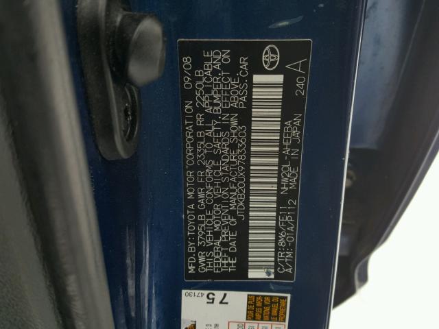 JTDKB20UX97833603 - 2009 TOYOTA PRIUS BLUE photo 10