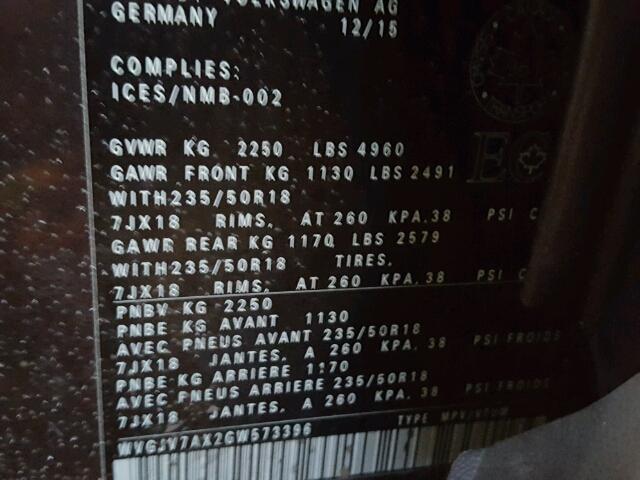 WVGJV7AX2GW573396 - 2016 VOLKSWAGEN TIGUAN COM 灰色 照片 10