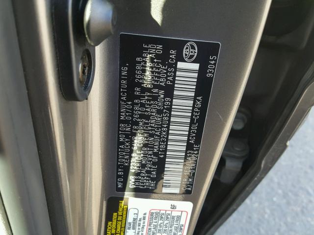 4T1BE32K84U857199 - 2004 TOYOTA CAMRY LE CHARCOAL photo 10