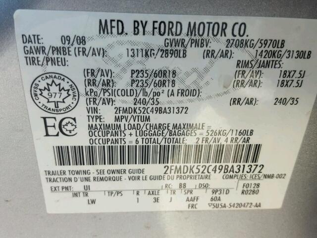 2FMDK52C49BA31372 - 2009 FORD FLEX SEL SILVER photo 10