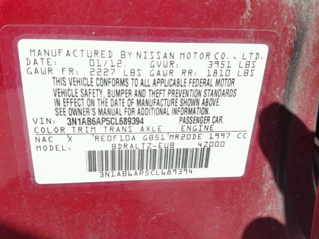 3N1AB6AP5CL689394 - 2012 NISSAN SENTRA 2.0 RED photo 10