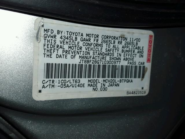 JT8BF28G710300977 - 2001 LEXUS ES 300 SILVER photo 10