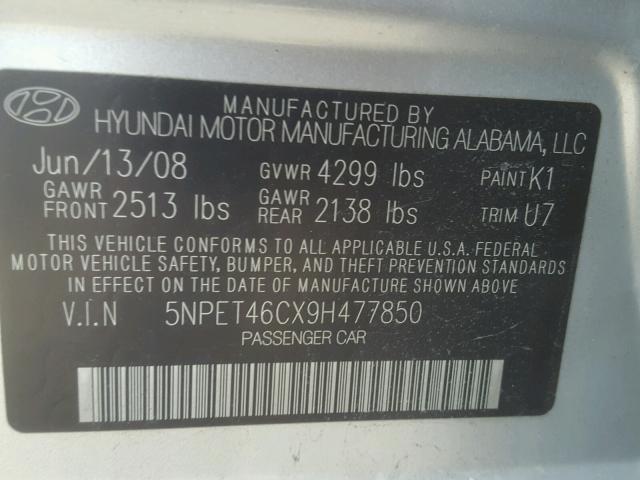 5NPET46CX9H477850 - 2009 HYUNDAI SONATA GLS GRAY photo 10