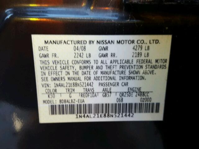 1N4AL21E88N521442 - 2008 NISSAN ALTIMA 2.5 GRAY photo 10