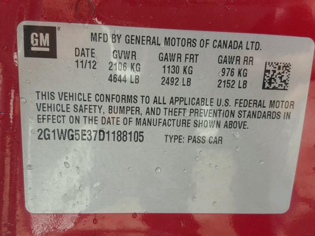 2G1WG5E37D1188105 - 2013 CHEVROLET IMPALA LT RED photo 10