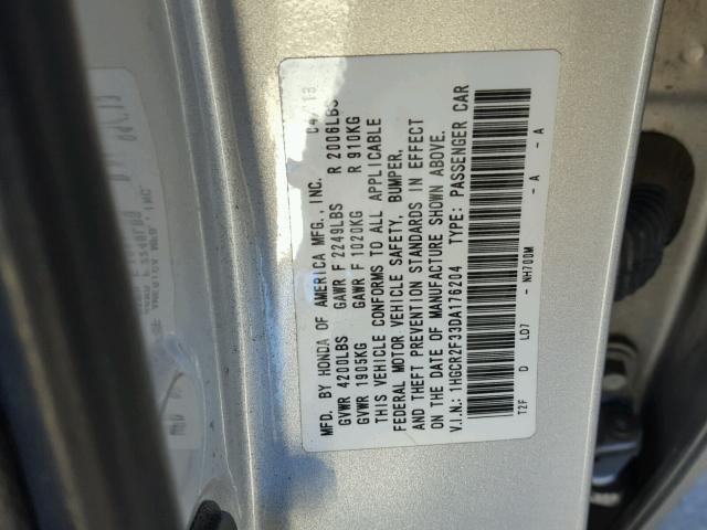 1HGCR2F33DA176204 - 2013 HONDA ACCORD LX SILVER photo 10