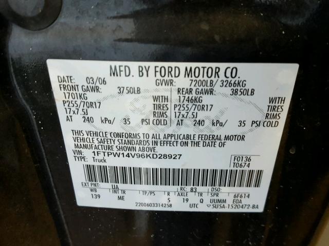 1FTPW14V96KD28927 - 2006 FORD F150 SUPER BLACK photo 10