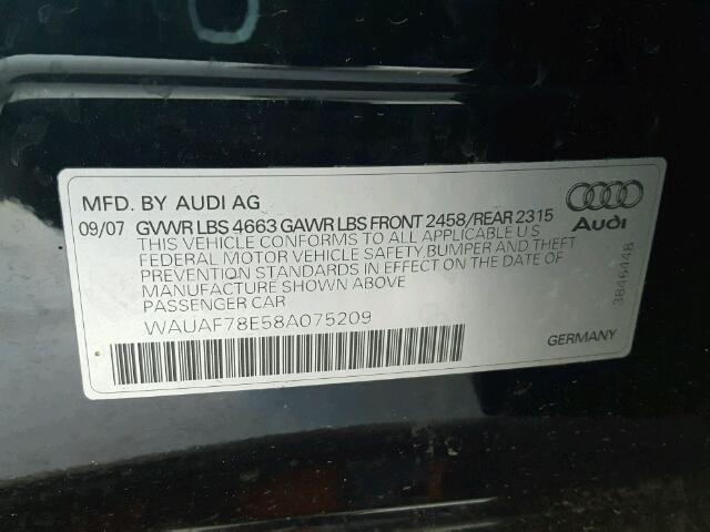 WAUAF78E58A075209 - 2008 AUDI A4 2.0T BLACK photo 10