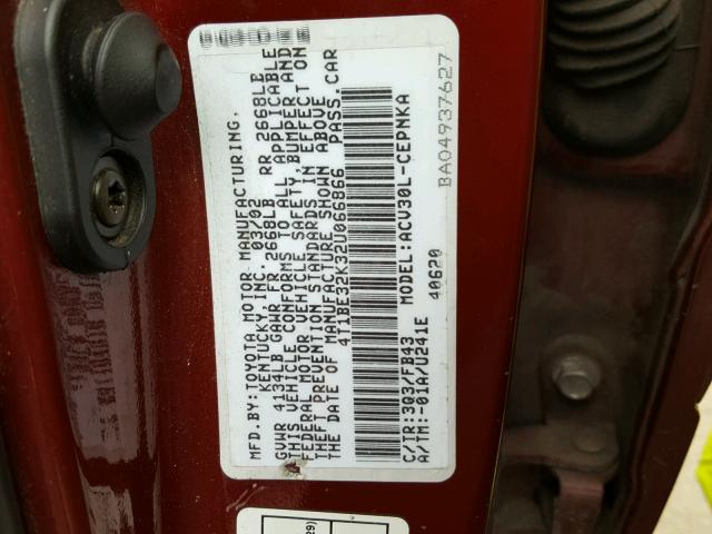 4T1BE32K32U066866 - 2002 TOYOTA CAMRY LE MAROON photo 10