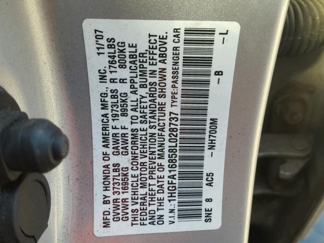 1HGFA16858L028737 - 2008 HONDA CIVIC EX SILVER photo 10