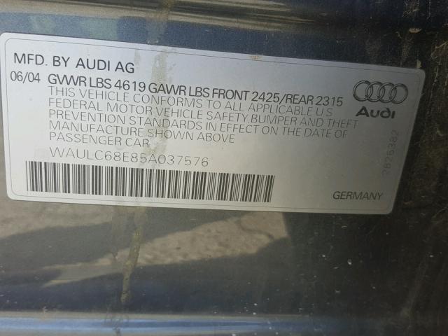 WAULC68E85A037576 - 2005 AUDI A4 1.8T QU CHARCOAL photo 10